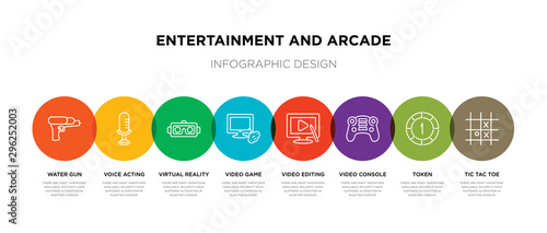 8 colorful entertainment and arcade outline icons set such as tic tac toe, token, video console, video editing, video game, virtual reality glasses, voice acting, water gun