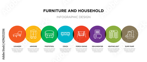 8 colorful furniture and household outline icons set such as sump pump, heating unit, dehumidifier, porch swing, cenza, footstool, armoire, lounger