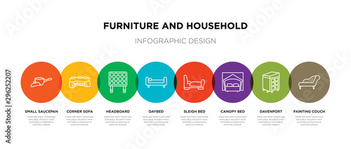 8 colorful furniture and household outline icons set such as fainting couch, davenport, canopy bed, sleigh bed, daybed, headboard, corner sofa, small saucepan