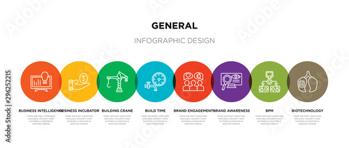 8 colorful general outline icons set such as biotechnology, bpm, brand awareness, brand engagement, build time, building crane, business incubator, business intelligence