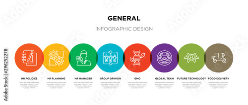 8 colorful general outline icons set such as food delivery, future technology, global team, gmo, group opinion, hr manager, hr planning, hr policies