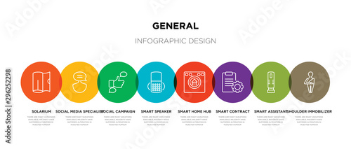 8 colorful general outline icons set such as shoulder immobilizer, smart assistant, smart contract, smart home hub, speaker, social campaign, social media specialist, solarium