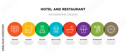 8 colorful hotel and restaurant outline icons set such as 24 service, barbershop, bathrobe, bathtub, beach hotel, bellboy, blanket, booking