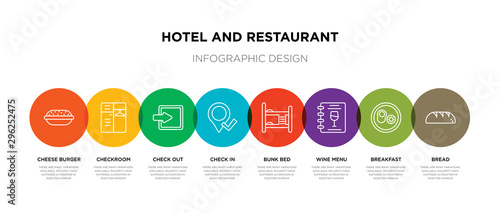 8 colorful hotel and restaurant outline icons set such as bread, breakfast, wine menu, bunk bed, check in, check out, checkroom, cheese burger