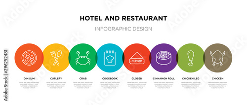 8 colorful hotel and restaurant outline icons set such as chicken, chicken leg, cinnamon roll, closed, cookbook, crab, cutlery, dim sum
