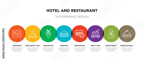 8 colorful hotel and restaurant outline icons set such as reception bell, receptionist, rent a car, reservation, reserved, restaurant, restaurant tray, restroom
