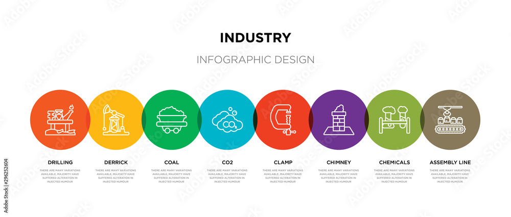 8 colorful industry outline icons set such as assembly line, chemicals, chimney, clamp, co2, coal, derrick, drilling