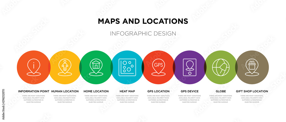 8 colorful maps and locations outline icons set such as gift shop location, globe, gps device, gps location, heat map, home location, human information point pin