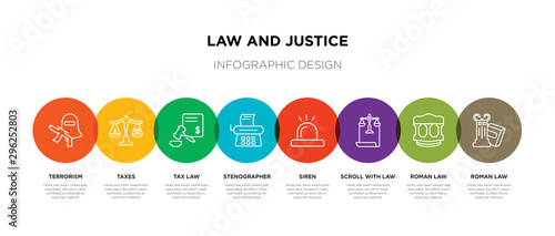 8 colorful law and justice outline icons set such as roman law, roman law, scroll with siren, stenographer, tax taxes, terrorism