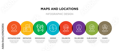 8 colorful maps and locations outline icons set such as church, club location, you are here, college pin, compass, demographics, destination, destination done