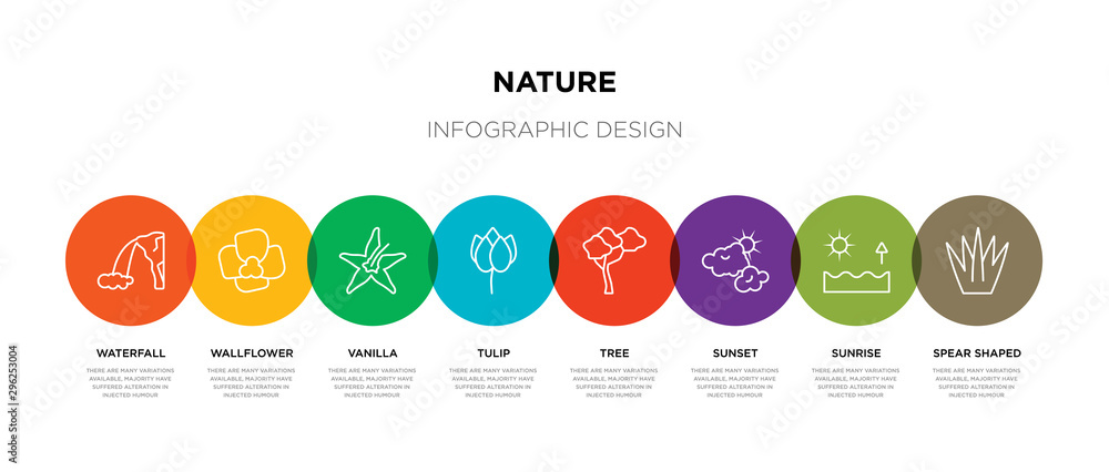 8 colorful nature outline icons set such as spear shaped, sunrise, sunset, tree, tulip, vanilla, wallflower, waterfall