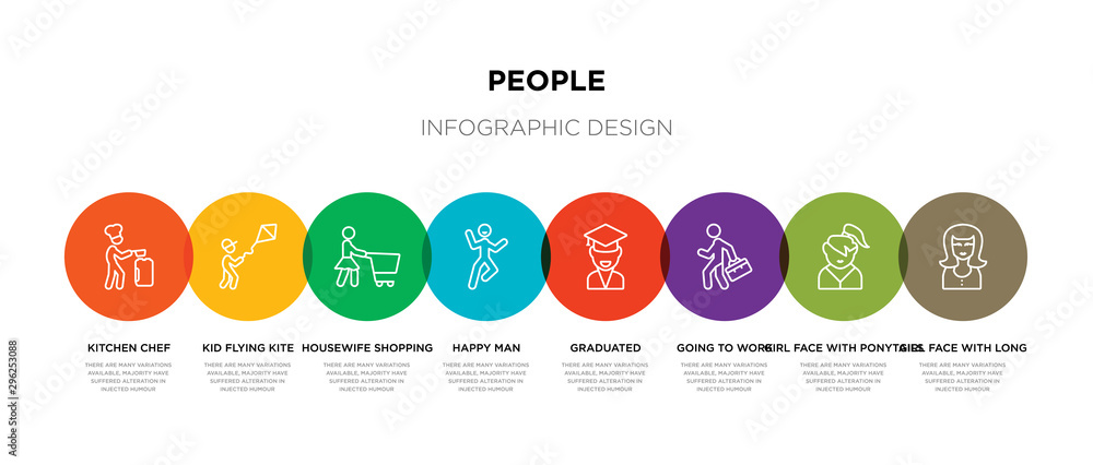 8 colorful people outline icons set such as girl face with long hair, girl face with ponytails, going to work, graduated, happy man, housewife shopping, kid flying kite, kitchen chef