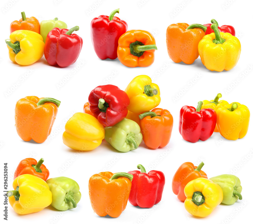 Fresh ripe bell peppers on white background, top view Fresh ripe bell peppers on white background, top view