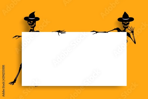 silhouette skeletons holding paper on Orange background.