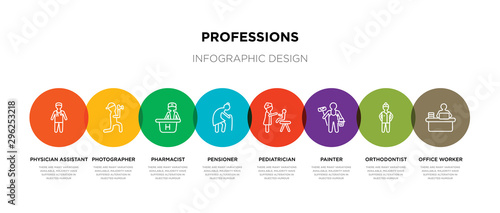 8 colorful professions outline icons set such as office worker, orthodontist, painter, pediatrician, pensioner, pharmacist, photographer, physician assistant