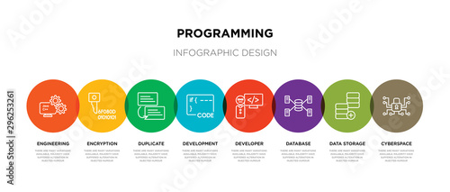 8 colorful programming outline icons set such as cyberspace, data storage, database, developer, development, duplicate, encryption, engineering