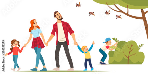 Happy family and hiking. Father, mother and children are traveling through in the forest. Trekking to nature. Vector illustration in cartoon style.