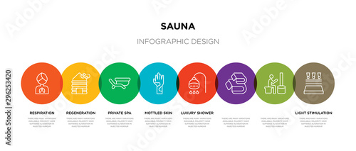 8 colorful sauna outline icons set such as light stimulation,  ,  luxury shower, mottled skin, private spa, regeneration,
