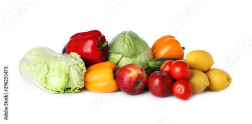 Pile of fresh fruits and vegetables isolated on white