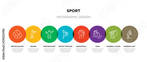 8 colorful sport outline icons set such as baseball bat, baseball glove, yoga, basketball, baton twirling, bodybuilding, boxing, boxing gloves