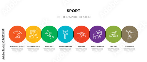 8 colorful sport outline icons set such as dodgeball, drifting, equestrianism, fencing, figure skating, football, football field, football jersey