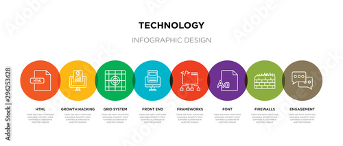 8 colorful technology outline icons set such as engagement, firewalls, font, frameworks, front end, grid system, growth hacking, html photo