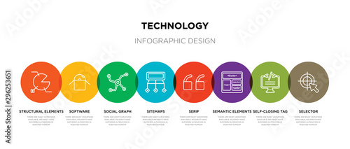 8 colorful technology outline icons set such as selector, self-closing tag, semantic elements, serif, sitemaps, social graph, software, structural elements