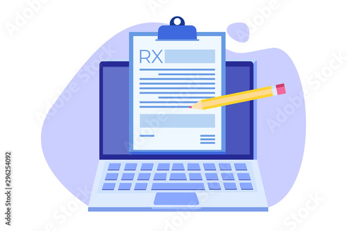  RX prescription form on Clipboard pad on laptop. Online clinic concept.  Vector illustration in flat style.