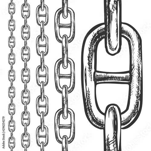 Chain And Links Seamless Pattern In Different Scale Ink Set Vector. Classic Heavy Metal Chain. Linked Rings Elements Engraving Concept Layout Hand Drawn In Vintage Style Black And White Illustrations