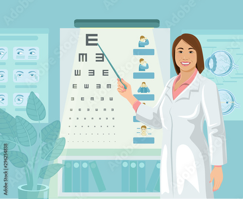Young Asian woman ophthalmologist conducts a visual acuity test. Chinese oculist in medical office shows eye chart. Vector illustration