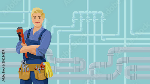 Female worker with plumbing tools stands front the pipeline background. Cartoon smiling woman plumber. Water piping system repair concept. Vector illustration with copy space.