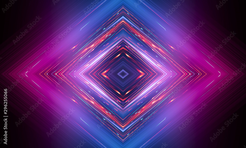 Dark abstract futuristic background. Neon lines glow. Neon lines, geometric shapes. Pink and blue glow. Abstract neon light, night view. Dark abstract futuristic background. Neon lines glow. Neon lines, geometric shapes. Pink and blue glow. Abstract neon light, night view.