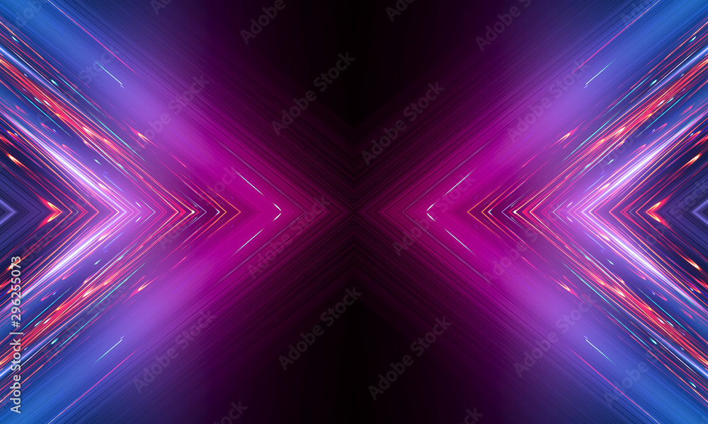 Dark abstract futuristic background. Neon lines glow. Neon lines, geometric shapes. Pink and blue glow. Abstract neon light, night view. Dark abstract futuristic background. Neon lines glow. Neon lines, geometric shapes. Pink and blue glow. Abstract neon light, night view.