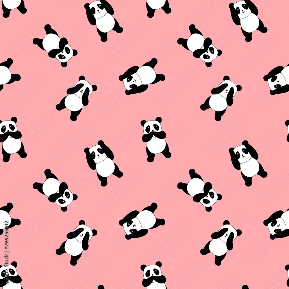 Seamless pattern with cute panda bears. Not see, not hear, not speak. Cartoon animals on pink background. Vector illustration.