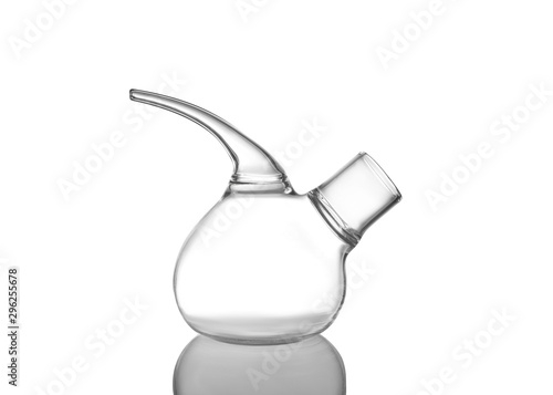 Empty retort flask on white background. Laboratory glassware