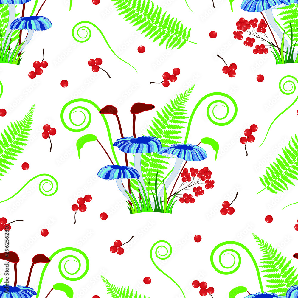 vector illustration. Magical blue mushroom, moss, fern and curvy grass bouquet bunch on white background with berries. best for textiles, decor, apparels and packaging.