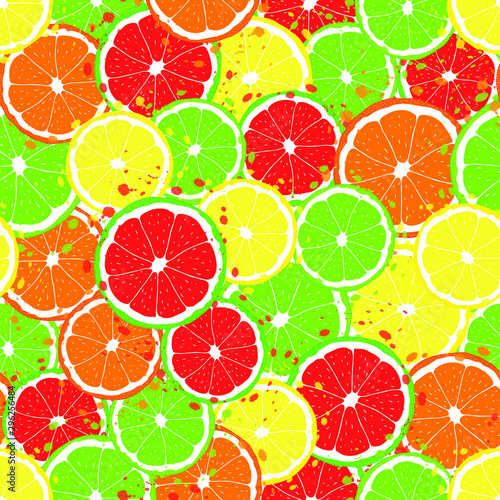 vector illustration. colorful vibrant citrus fruits slices with splash seamless repeat pattern. best for packaging, paper goods, apparels and other textiles.