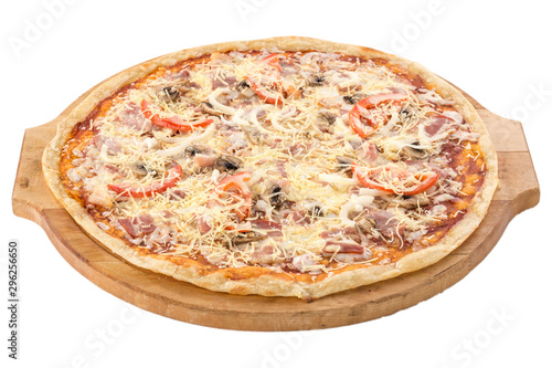 whole pizza with mushrooms, ham and cheese on wooden board isolated on a white background