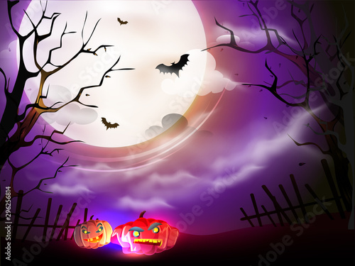 Illustration of scary pumpkins and flying bats on full moon purple forest night view background.