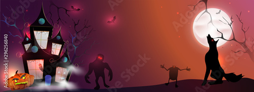 Halloween full moon background with haunted house, jack-o-lantern, yelling wolf and monster for festival concept.