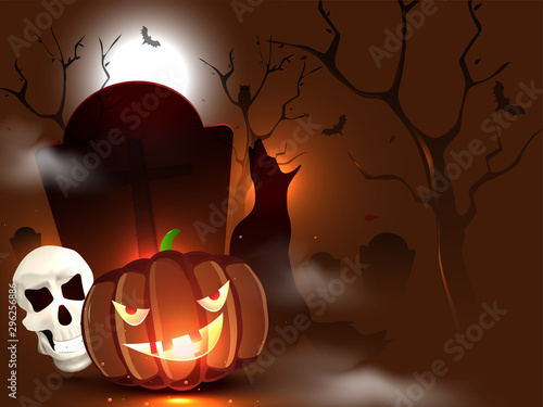 Spooky jack-o-lantern with skull, flying bats and yelling wolf on brown full moon graveyard view background for Halloween Night.