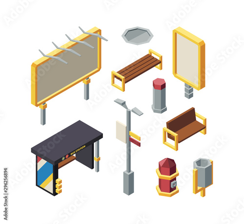 Bus station elements isometric vector illustration set