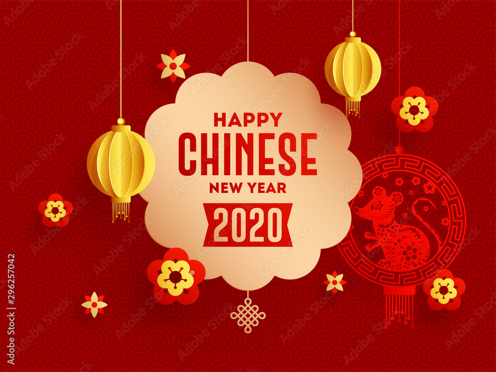 Naklejka premium 2020 Chinese Happy New Year greeting card design with hanging rat zodiac sign and paper cut lanterns decorated on red seamless circle wave background.