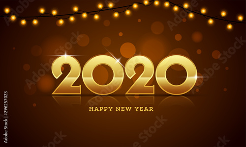 Golden text 2020 Happy New Year and lighting garland decorated on brown bokeh background.