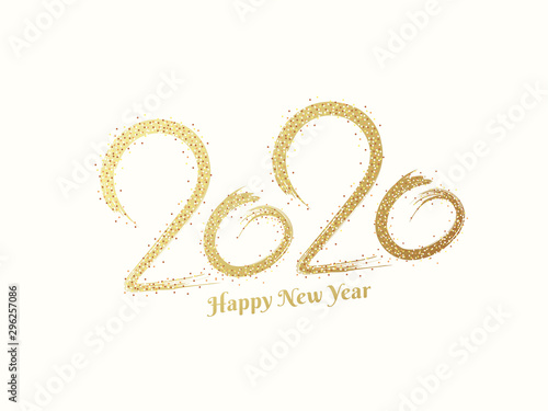 2020 text in glitter brush stroke effect on white background for Happy New Year greeting card design.