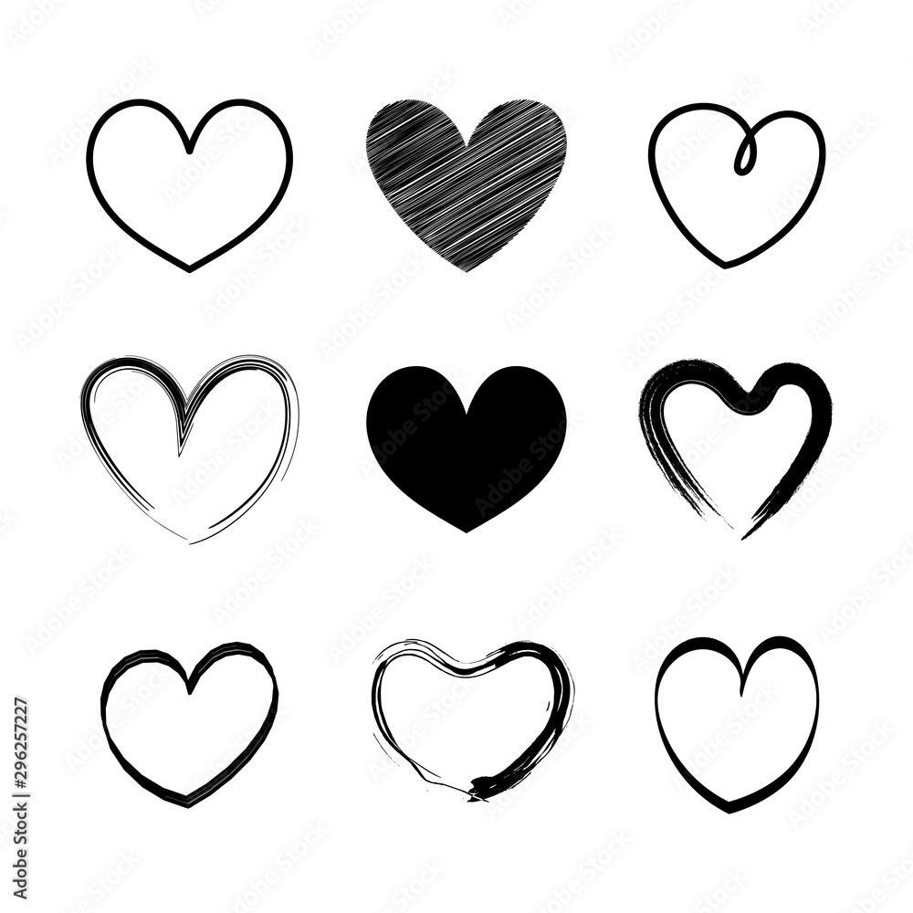 Set vector black hearts icon.Hand drawn for valentine's day.Brush design on white background.Vector illustration.Concept of love elements for card valentine. Set vector black hearts icon.Hand drawn for valentine's day.Brush design on white background.Vector illustration.Concept of love elements for card valentine.