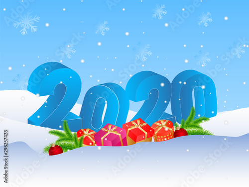 3D text 2020 with gift boxes, pine leaves and baubles on blue and white snowfall background for Happy New Year celebration.