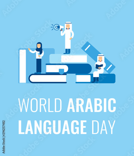 World Arabic language Day, December 18. Arab people studying and reading books on stack of big books. Flat cartoon colorful vector illustration.