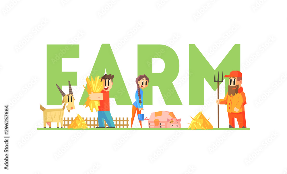 Fototapeta premium Farm Word with Little Farmers Characters Working on Farm Vector Illustration