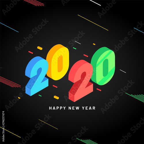 Colorful 3d text 2020 and abstract elements on black background for Happy New Year celebration.